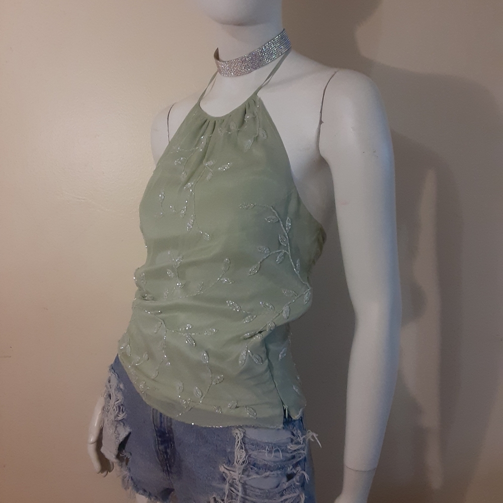 NWT CACHÉ 100% Silk Sage Eve Beaded Top